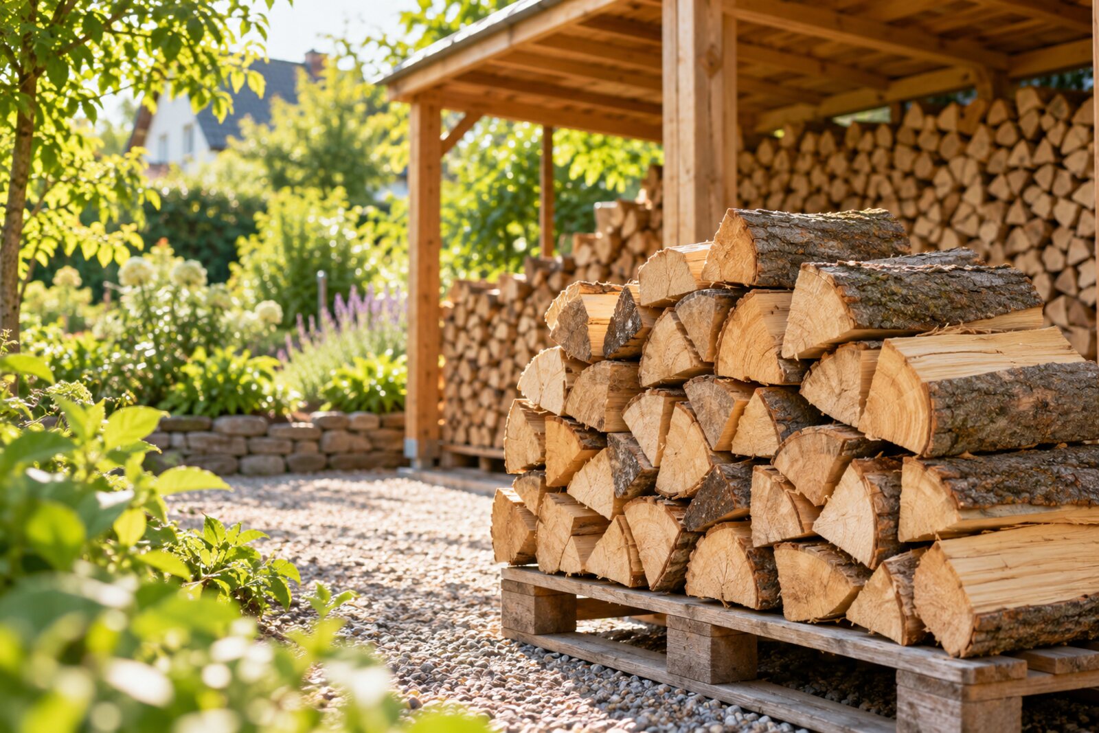 Geschnittenes und gestapeltes Brennholz unter einem Holzunterstand im Garten – frei gestaltetes KI-Symbolmotiv