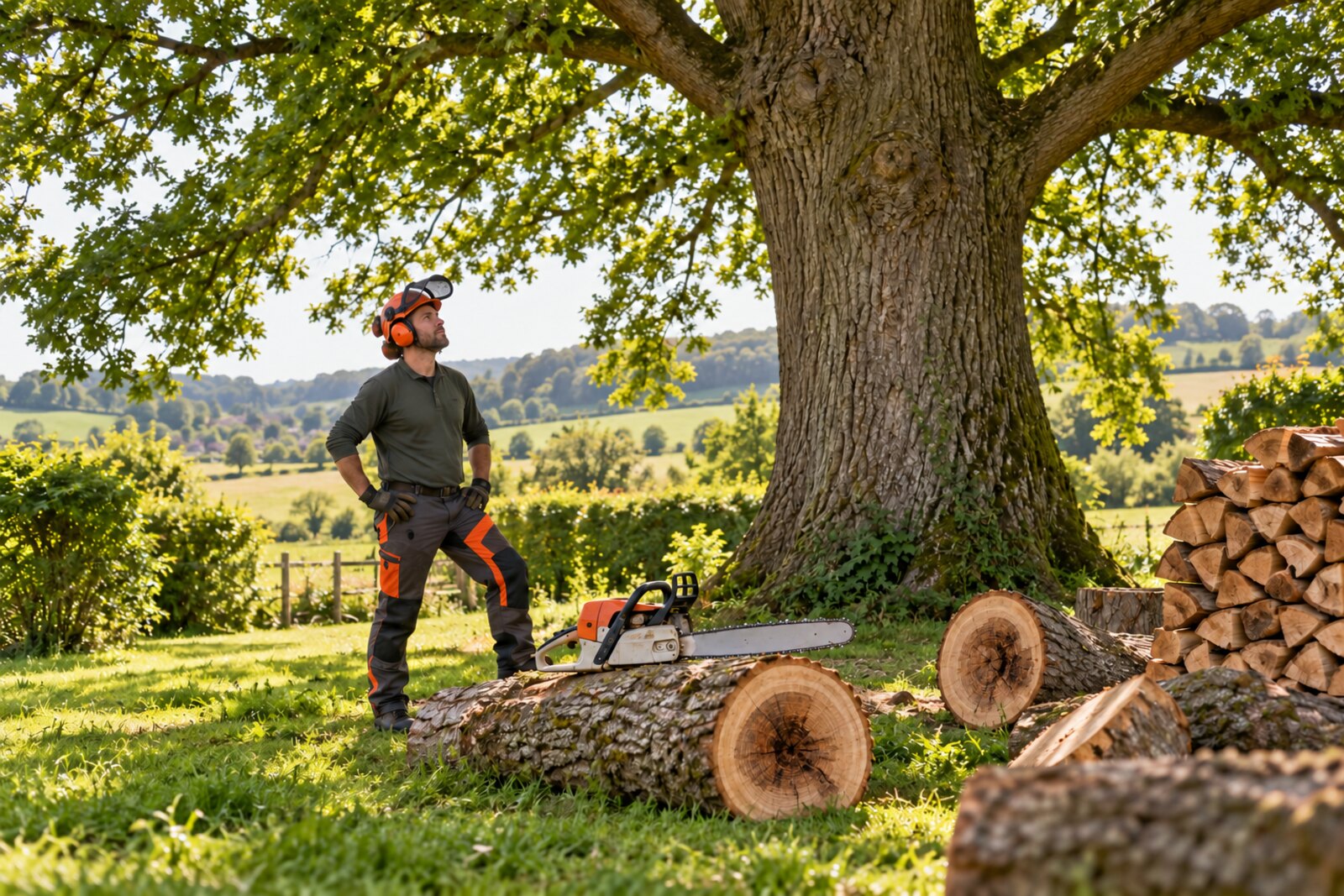 Baumarbeiter, Motorsäge und zerteilte Stämme mit geschädigtem dunklem Holzkern – KI-Symbolmotiv