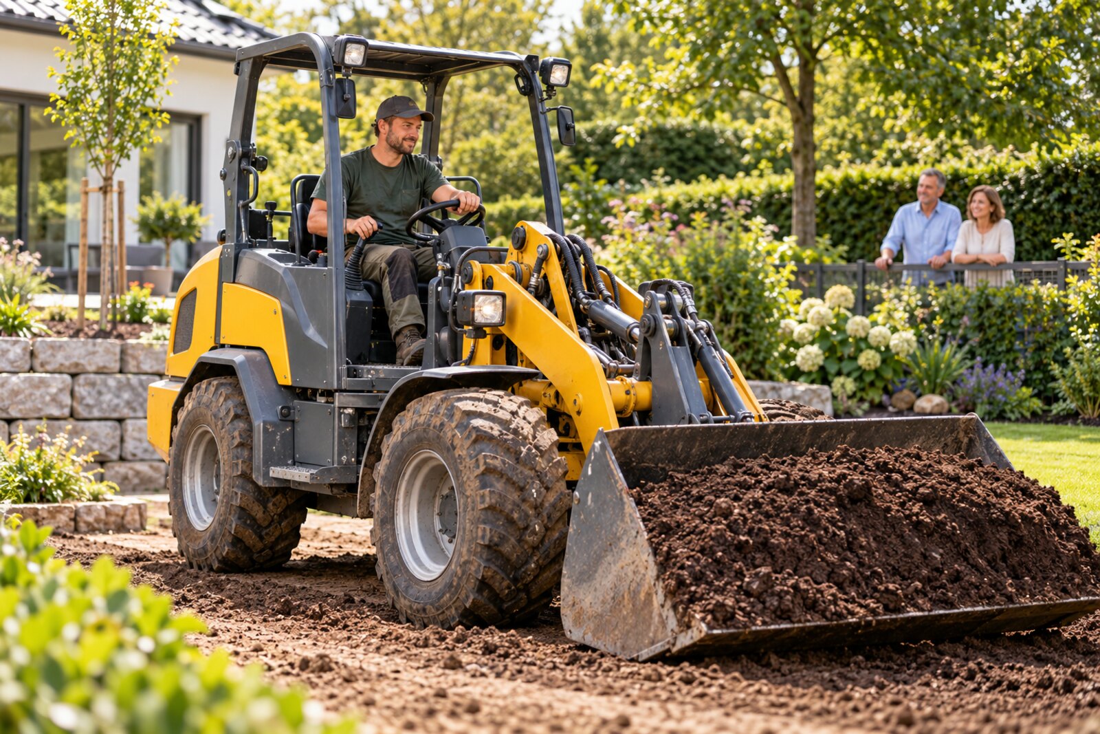 Maschinenführer auf einer Baumaschine bei der Umsetzung eines Gartenprojekts mit zufriedenen Kunden im Hintergrund – KI-Symbolmotiv