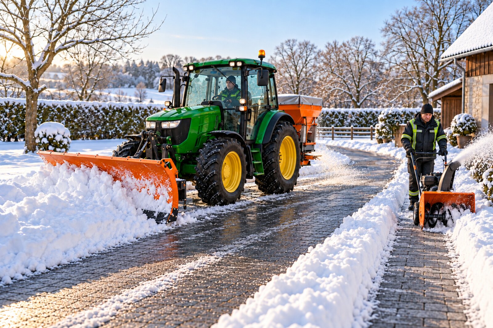 Großer Räumtraktor und kleinere Schneefräse auf getrenntem Gehweg – KI-Symbolmotiv
